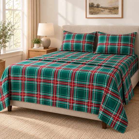 Jessy Home King 4-Piece Plaid Bed Sheet Set, Soft Microfiber, 14-Inch Deep Pocket, Flat & Fitted Sheet with 2 Pillowcases, Green Red
