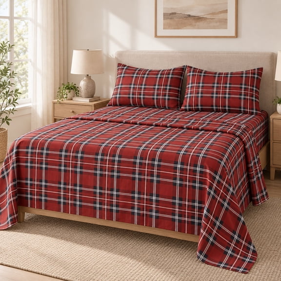 Jessy Home Full/Queen 4-Piece Plaid Bed Sheet Set, Soft Breathable Microfiber, Wrinkle Resistant, 14-Inch Deep Pocket, Flat & Fitted Sheet with 2 Pillowcases, Christmas Bedroom Decor, Red Black