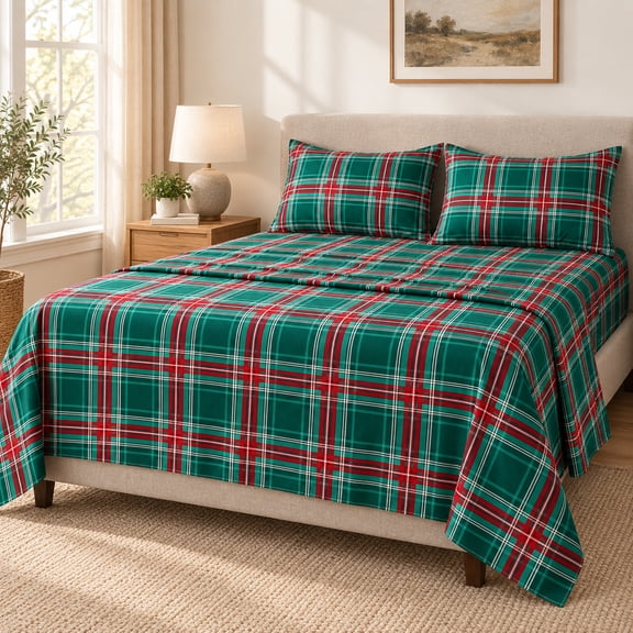 Jessy Home Twin 4-Piece Plaid Bed Sheet Set, Soft Breathable Microfiber, Wrinkle Resistant, 14-Inch Deep Pocket, Flat & Fitted Sheet with 2 Pillowcases, Christmas Bedroom Decor, Green Red