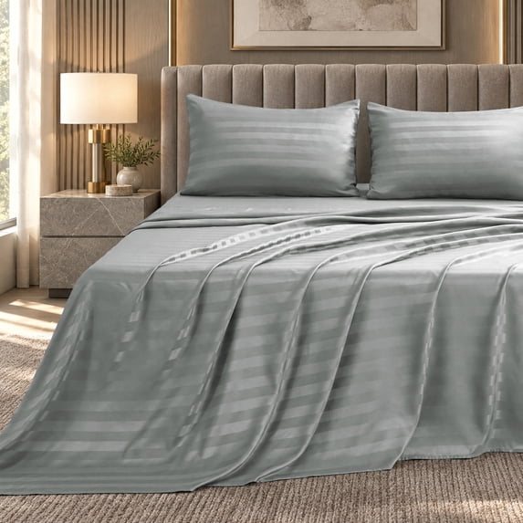 Jessy Home 4-Piece Satin Stripe Sheet Set, Silky Soft 100% Polyester Bedding, 14-Inch Deep Pocket, King, Light Gray