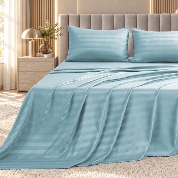 Jessy Home 4-Piece Satin Stripe Sheet Set, Silky Soft 100% Polyester Bedding, 14-Inch Deep Pocket, Full/Queen, Light Blue