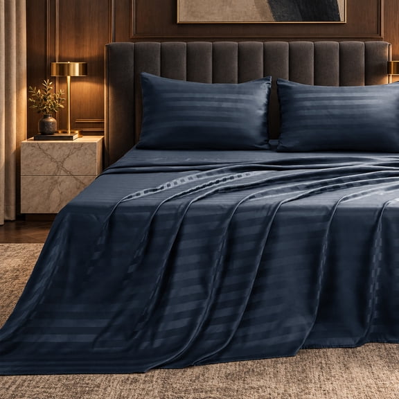 Jessy Home 4-Piece Satin Stripe Sheet Set, Silky Soft 100% Polyester Bedding, 14-Inch Deep Pocket, Full/Queen, Navy Blue