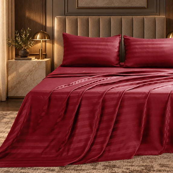 Jessy Home 4-Piece Satin Stripe Sheet Set, Silky Soft 100% Polyester Bedding, 14-Inch Deep Pocket, Twin, Burgundy
