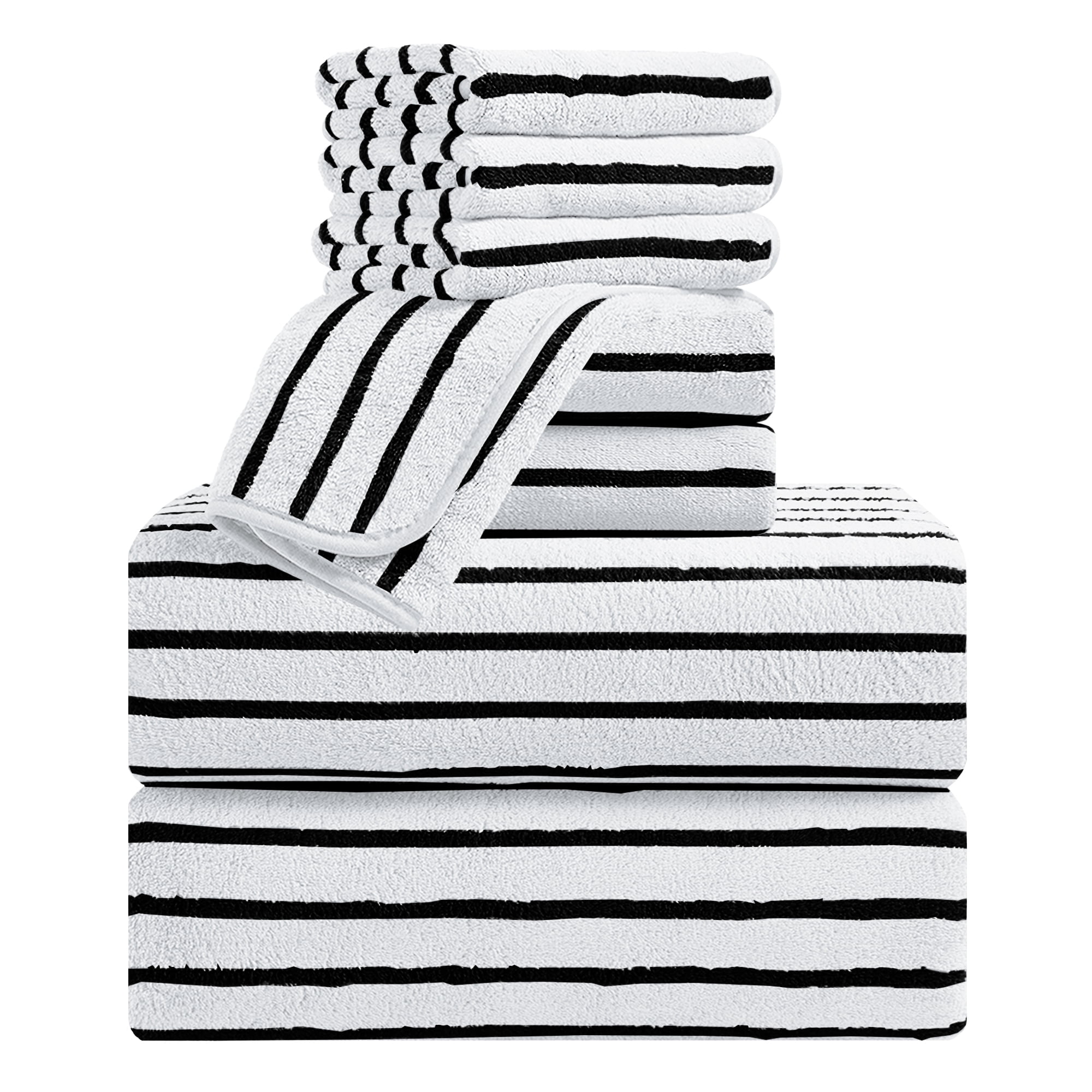 Jessy Home 8-Pack XL Bath Towels — Bicolor Stripe, Black/White