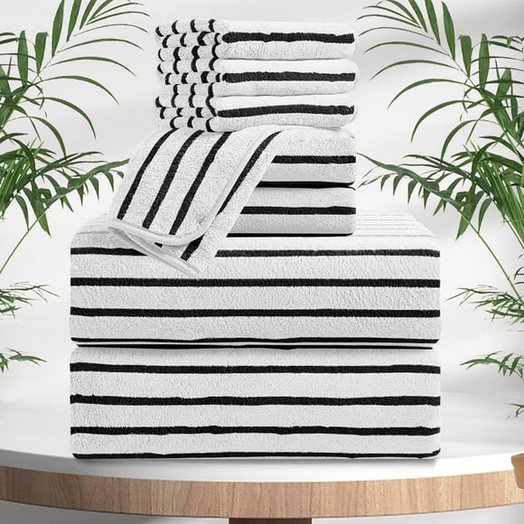 Jessy Home 8 Pcs Black White Bicolor bar Stripe Large Bath Towels Set 2 Oversized Bathroom Towels, 2 Hand Towels, 4 Washcloths