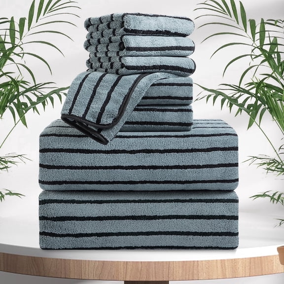 Jessy Home 8 Pcs Black Bicolor bar Stripe Large Bath Towels Set 2 Oversized Bathroom Towels, 2 Hand Towels, 4 Washcloths