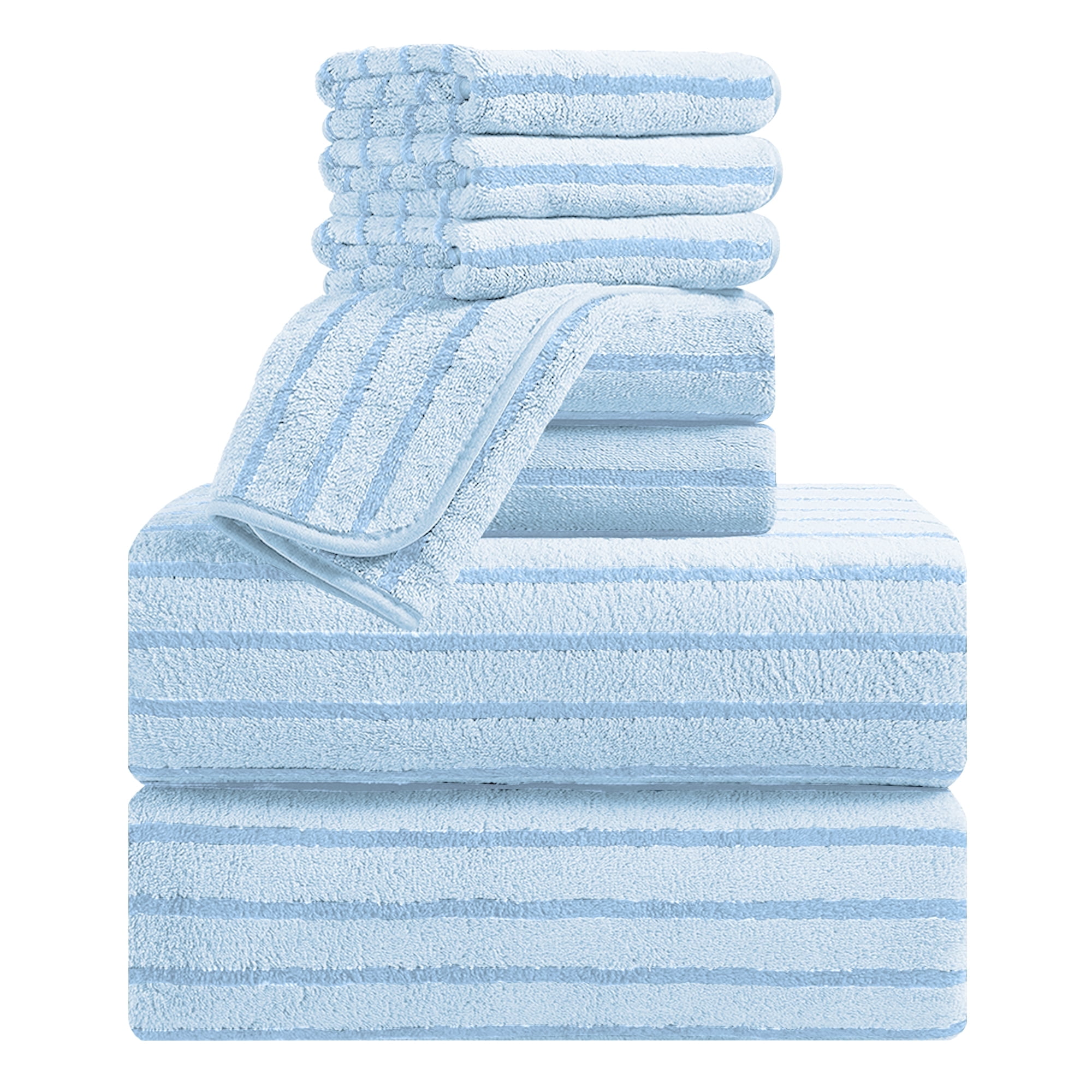 Jessy Home 8 Pcs Blue Bicolor bar Stripe Large Bath Towels Set 2 Oversized Bathroom Towels, 2 Hand Towels, 4 Washcloths