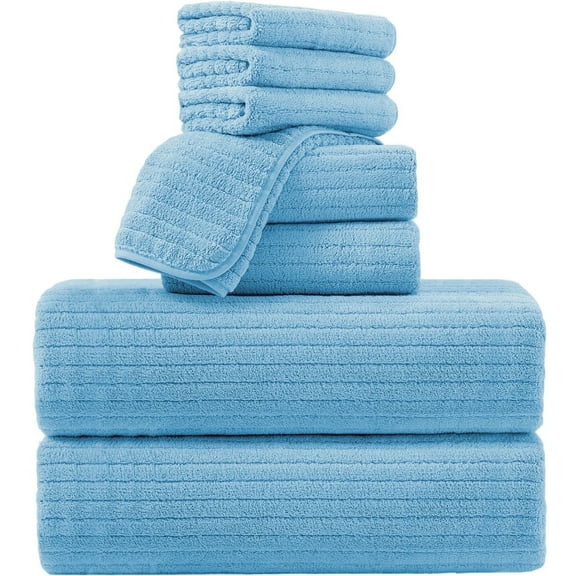 Jessy Home 8 Pcs Blue Stripe Large Microfiber Bath Towels Set 2 Oversized Bathroom Towels, 2 Hand Towels, 4 Washcloths