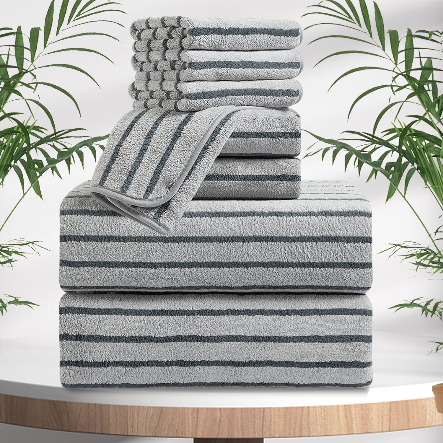 Jessy Home 8 Pcs Dark Gray Bicolor bar Stripe Large Bath Towels Set 2 Oversized Bathroom Towels