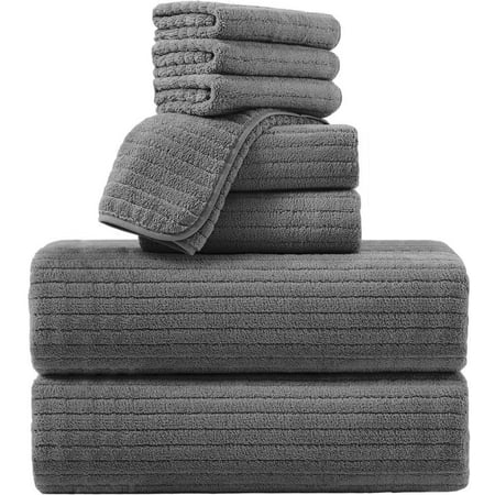 Jessy Home 8 Pcs Dark Gray Stripe Large Microfiber Bath Towels Set 2 Oversized Bathroom Towels, 2 Hand Towels, 4 Washcloths