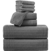 Jessy Home 8 Pcs Dark Gray Stripe Large Microfiber Bath Towels Set 2 Oversized Bathroom Towels, 2 Hand Towels, 4 Washcloths