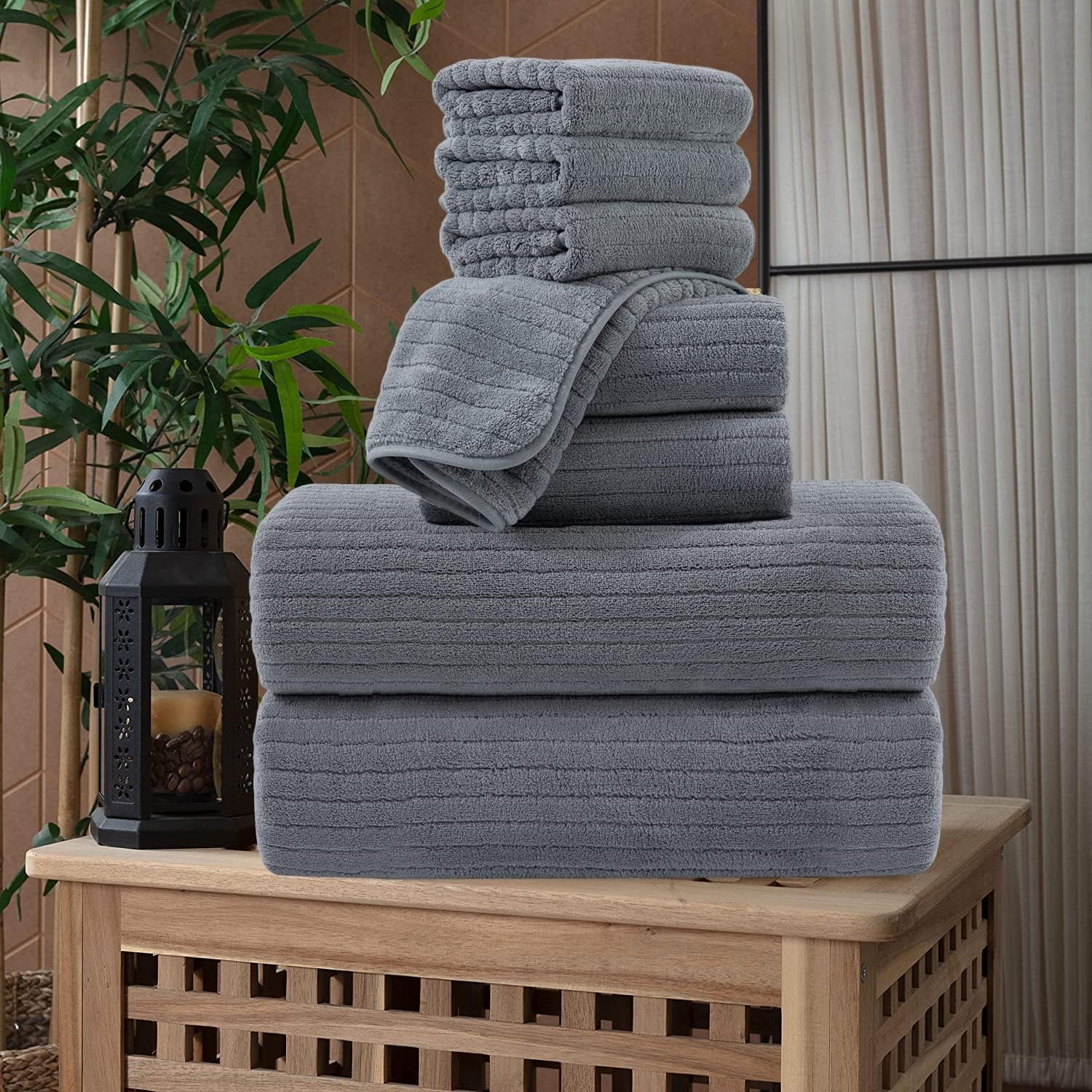 Jessy Home 8 Pcs Dark Gray Stripe Large Bath Towels Set 2 Oversized Bathroom Towels, 2 Hand