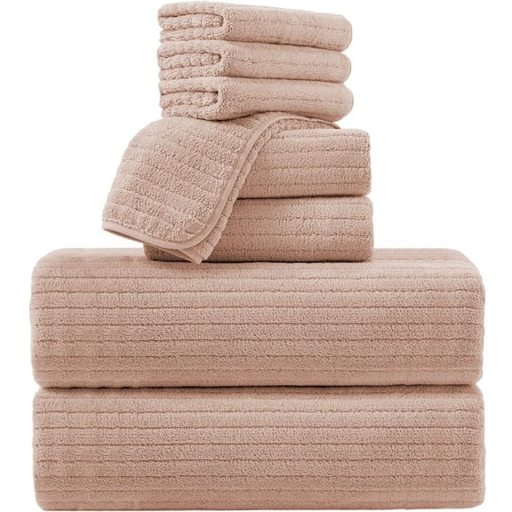 Jessy Home 8 Pcs Dark Orange Stripe Large Microfiber Bath Towels Set 2 Oversized Bathroom Towels, 2 Hand Towels, 4 Washcloths