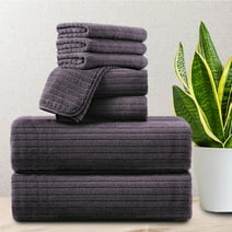 Jessy Home 8 Pcs Dark Purple Stripe Large Bath Towels Set 2 Oversized Bathroom Towels, 2 Hand Towels, 4 Washcloths