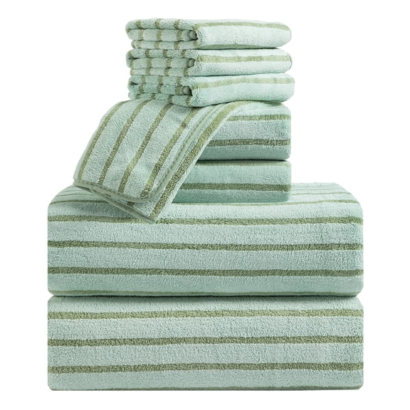 Jessy Home 8 Pcs Light Green Bicolor Bar Stripe Large Bath Towels Set 2 Oversized Bathroom Towels, 2 Hand Towels, 4 Washcloths