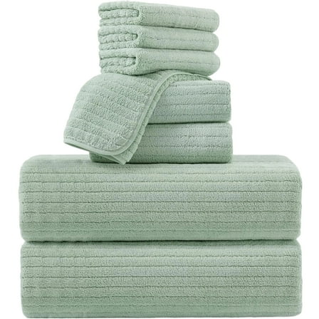 Jessy Home 8 Pcs Light Green Stripe Large Bath Towels Set 2 Oversized Bathroom Towels, 2 Hand Towels, 4 Washcloths