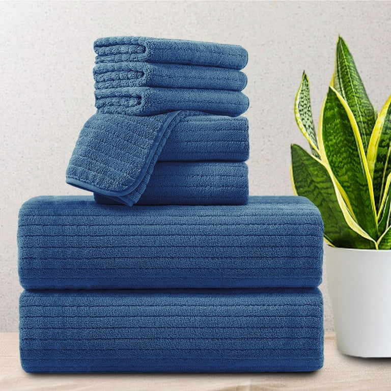 Jessy Home 8 Pcs Navy Blue Stripe Large Bath Towels Set 2 Oversized Bathroom Towels 2 Hand Towels 4 Washcloths
