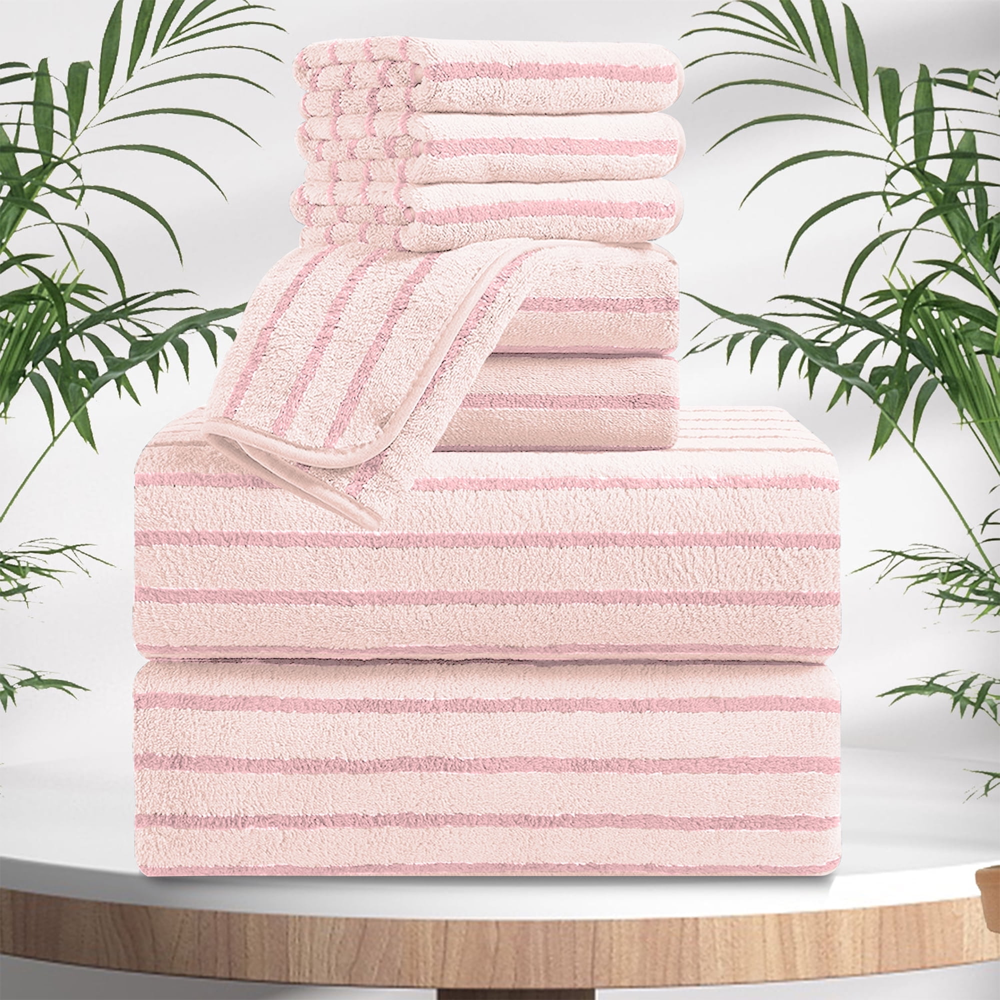 Jessy Home 8 Pcs Pink Bicolor bar Stripe Large Bath Towels Set 2 Oversized Bathroom Towels, 2 ...