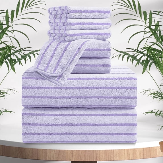 Jessy Home 8 Pcs Purple Bicolor bar Stripe Large Bath Towels Set 2 Oversized Bathroom Towels, 2 Hand Towels, 4 Washcloths