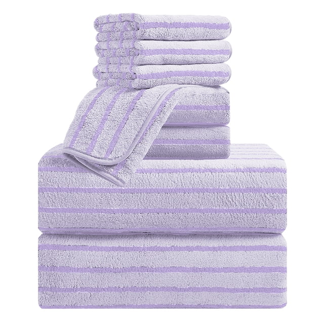 Jessy Home 8 Pcs Purple Bicolor bar Stripe Large Bath Towels Set 2 Oversized Bathroom Towels, 2 Hand Towels, 4 Washcloths
