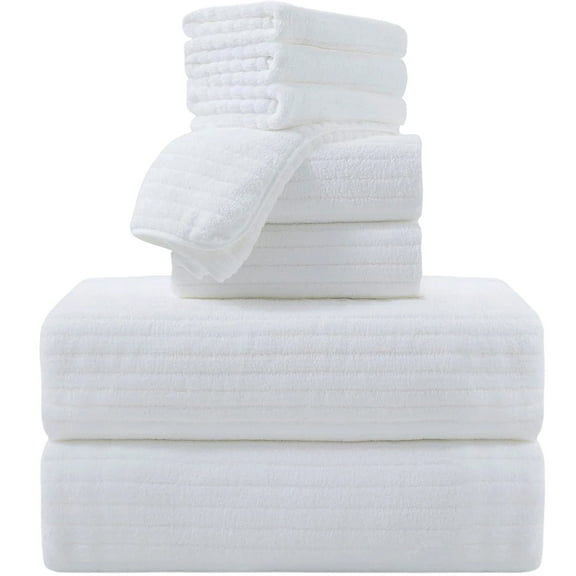Jessy Home 8 Pcs White Stripe Large Bath Towels Set 2 Oversized Bathroom Towels, 2 Hand Towels, 4 Washcloths