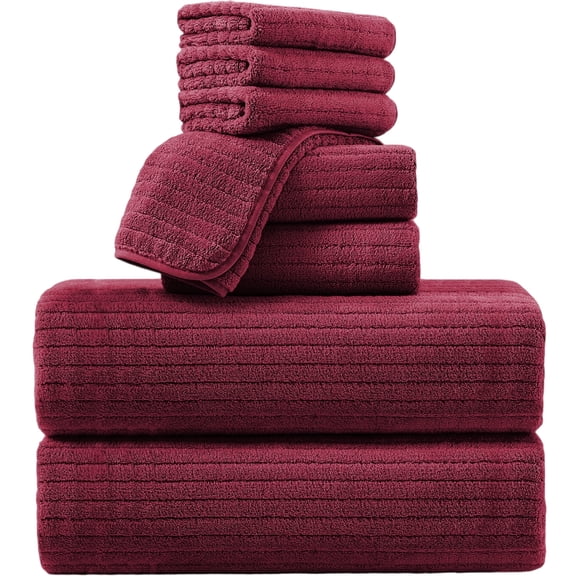 Jessy Home 8 Pcs Wine Red Stripe Large Bath Towels Set 2 Oversized Bathroom Towels, 2 Hand Towels, 4 Washcloths