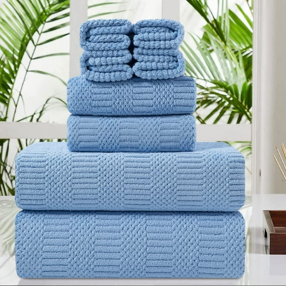 Jessy Home 8 Piece Oversized Blue Bath Towel Set-2 Extra Large Bath Towel Sheets, 2 Hand Towels, 4 Washcloths-600GSM Soft Plush Towel Set