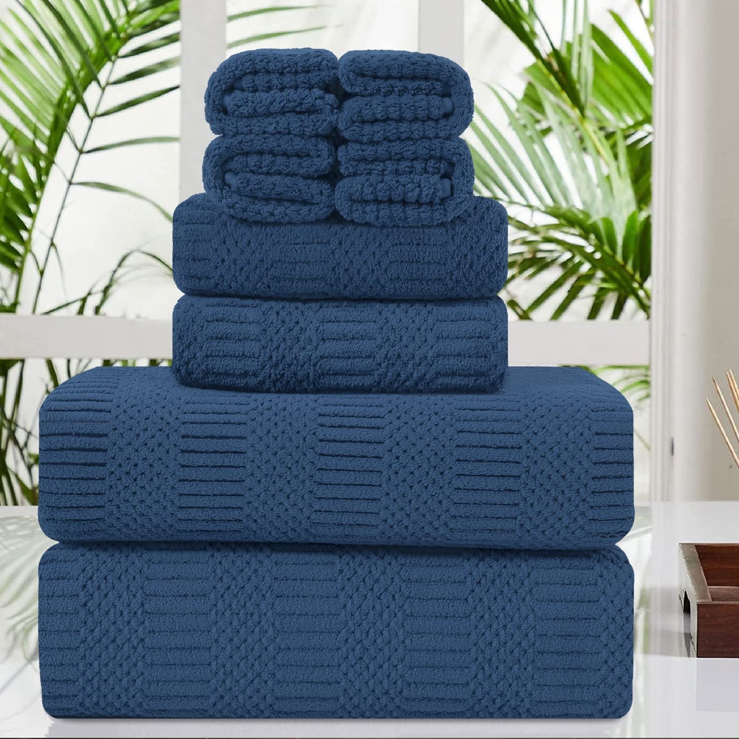 Jessy Home 8 Piece Oversized Navy Blue Bath Towel Set 2 Extra Large Bath Towel Sheets 2 Hand Towels 4 Washcloths 600GSM Soft Plush Towel Set
