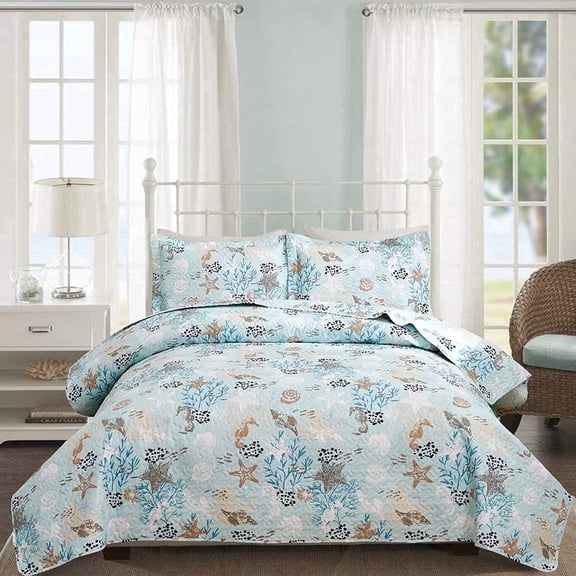 Jessy Home Beach Quilt Sets King Size Blue Brown Coastal Bedding Conch Shell Bedspread