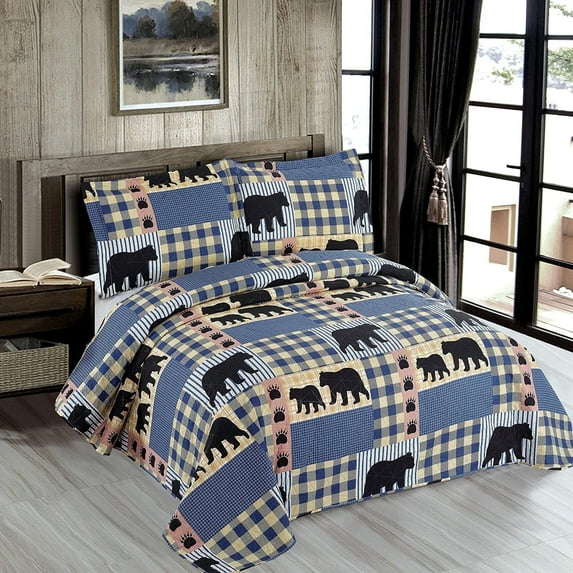 Jessy Home Bear Quilts Twin Size Blue Plaid Lightweight Polyester Bedspread Coverlet Bedding Set