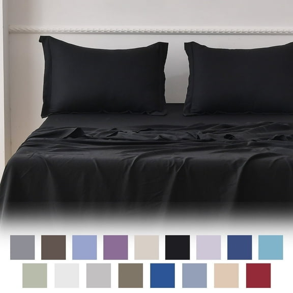 Jessy Home Bed Sheets Set 4 Piece King Sheet Set Black Cotton Blend Fitted Sheet, Flat Sheet & 2 Pillowcases Bedding Set