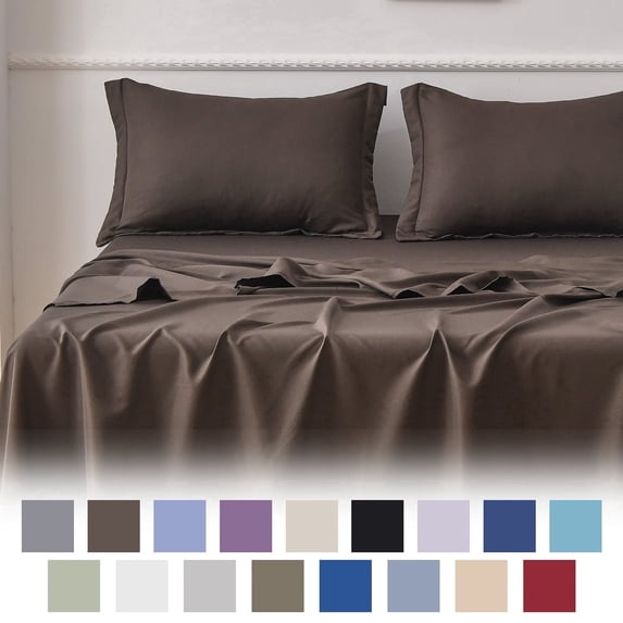 Jessy Home Bed Sheets Set 4 Piece King Sheet Set Brown Gray Cotton Blend Fitted Sheet, Flat Sheet & 2 Pillowcases Bedding Set