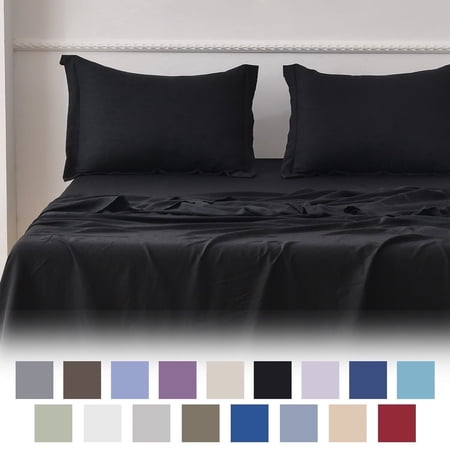 Jessy Home Bed Sheets Set 4 Piece Queen/Full Sheet Set Black Cotton Blend Fitted Sheet, Flat Sheet & 2 Pillowcases Bedding Set