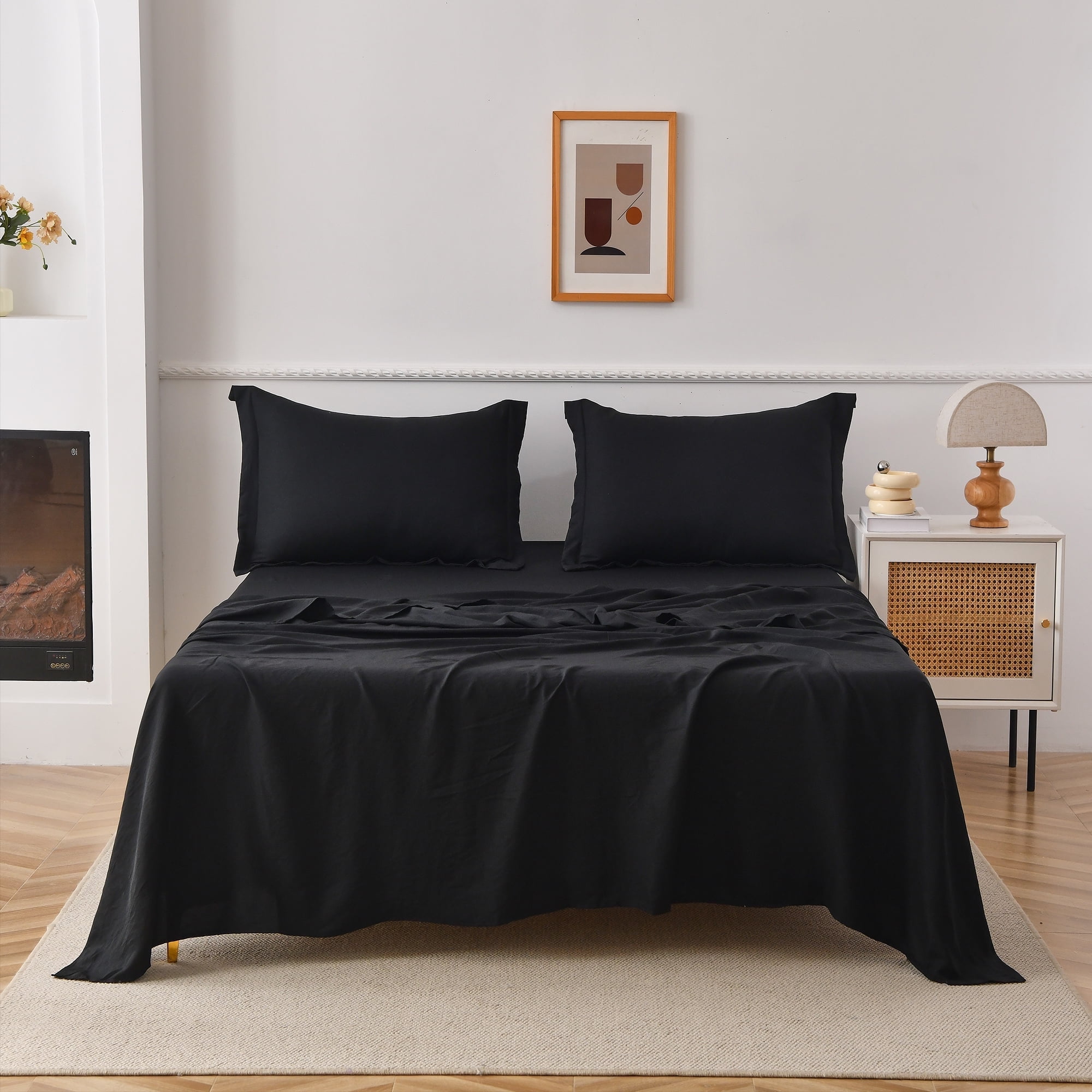 Jessy Home Bed Sheets Set 4 Piece Queen Full Sheet Set Black Cotton 