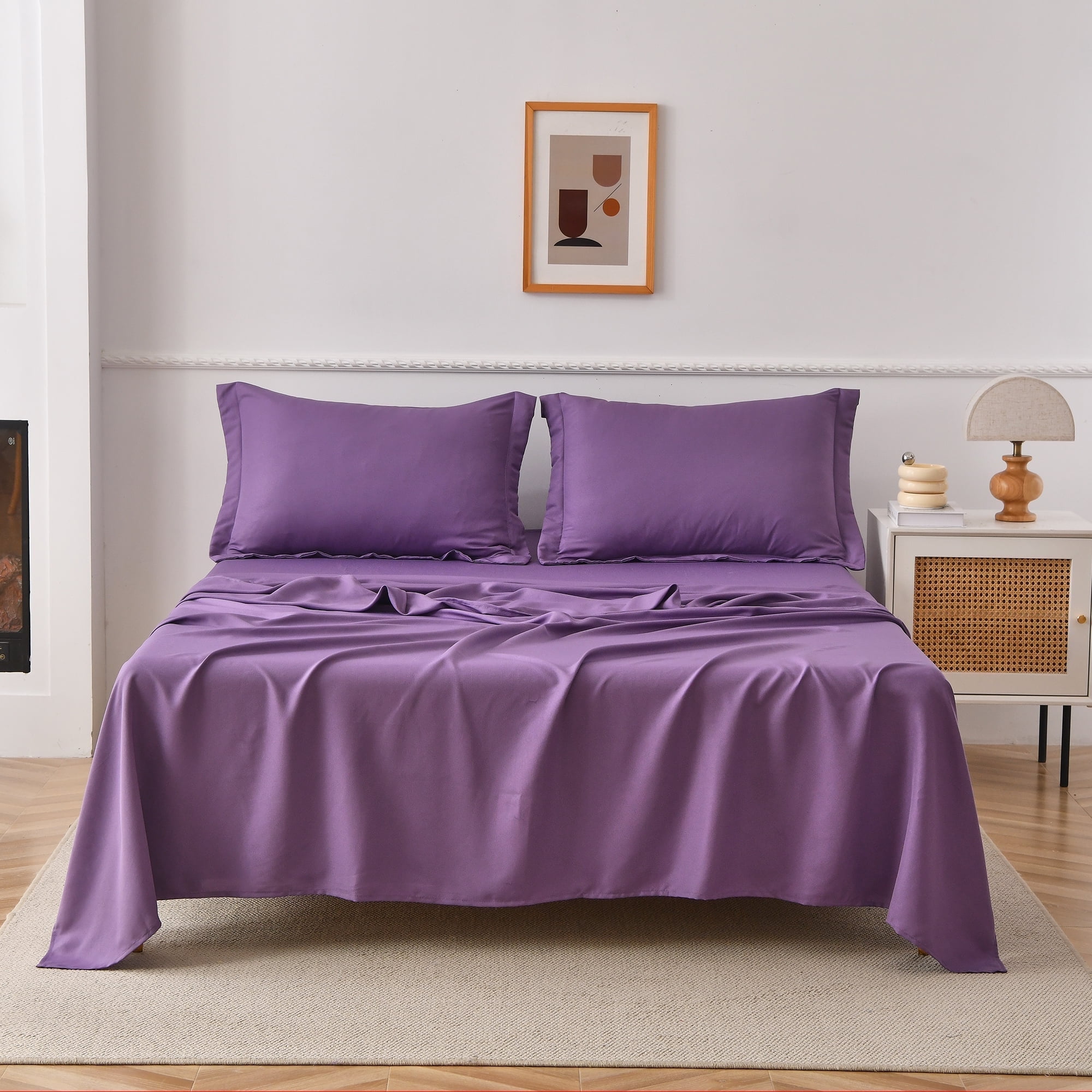 Jessy Home Bed Sheets Set 4 Piece Queen/Full Sheet Set Purple Cotton Blend Fitted Sheet, Flat Sheet & 2 Pillowcases Bedding Set