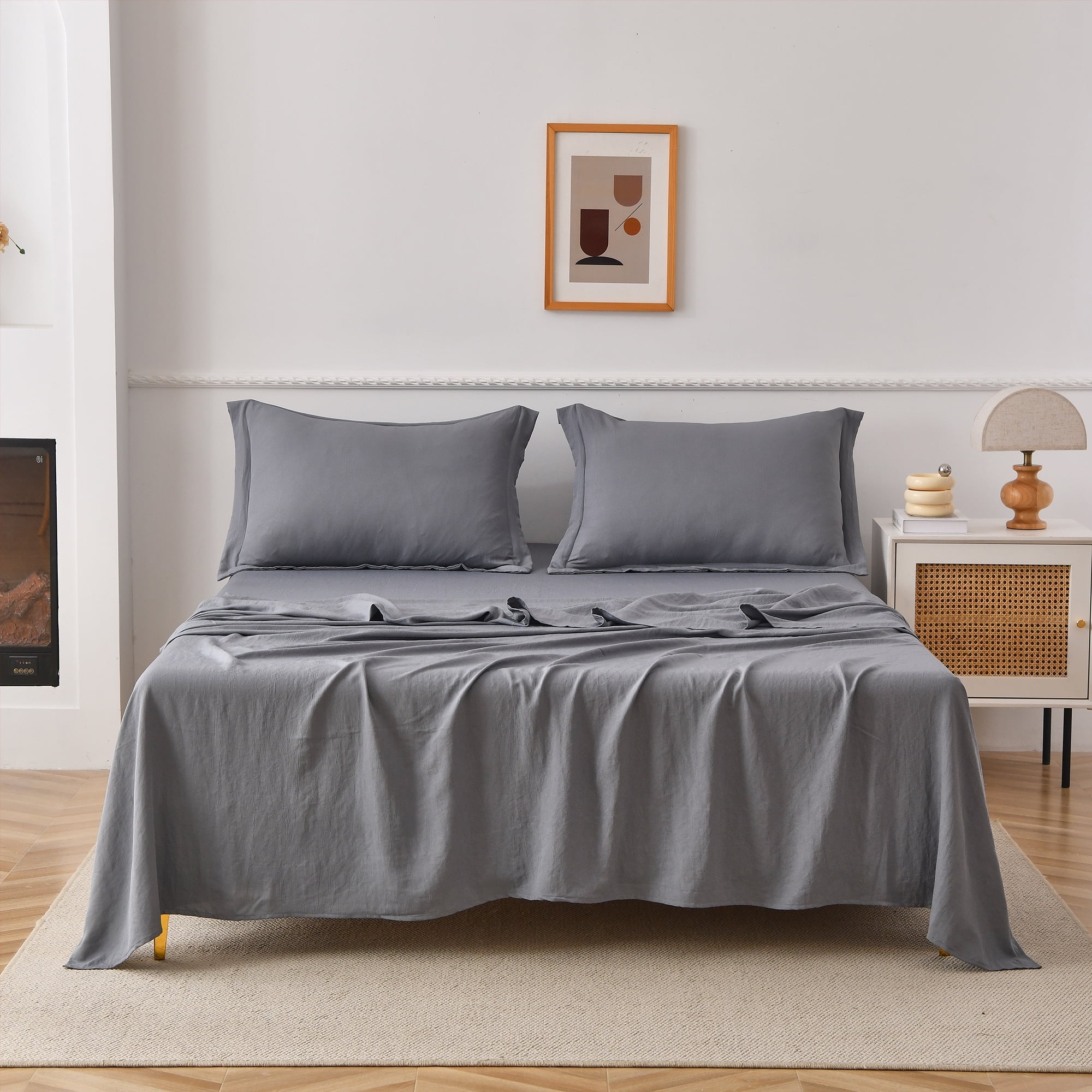 Jessy Home Bed Sheets Set 4 Piece Queen/Full Sheet Set Silver Gray Cotton Blend Fitted Sheet, Flat Sheet & 2 Pillowcases Bedding Set