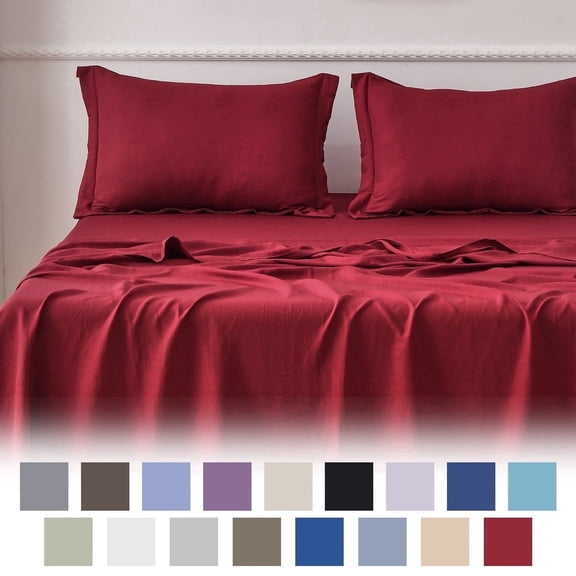 Jessy Home Bed Sheets Set 4 Piece Queen/Full Sheet Set Wine Red Cotton Blend Fitted Sheet, Flat Sheet & 2 Pillowcases Bedding Set