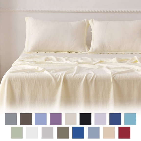 Jessy Home Bed Sheets Set 4 Piece Twin Sheet Set Cream Cotton Blend Fitted Sheet, Flat Sheet & 2 Pillowcases Bedding Set