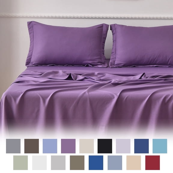 Jessy Home Bed Sheets Set 4 Piece Twin Sheet Set Purple Cotton Blend Fitted Sheet, Flat Sheet & 2 Pillowcases Bedding Set