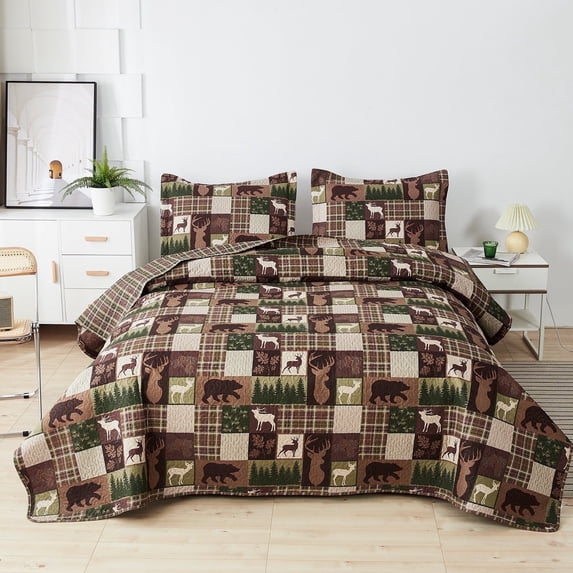 Jessy Home Bedding Cover King Size Microfiber Reversible Quilt Set Deer Bear 3 Piece Bed in a Bag Set