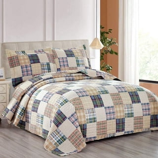 Jessy Home Beige Plaid Quilt Full/Queen Patchwork Bedding Microfiber Bedspread Coverlet
