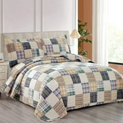 Jessy Home Beige Plaid Quilt Full/Queen Patchwork Bedding Microfiber Bedspread Coverlet