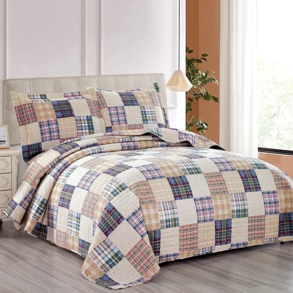Jessy Home Beige Plaid Quilt King Size Patchwork Bedding Microfiber Bedspread Coverlet