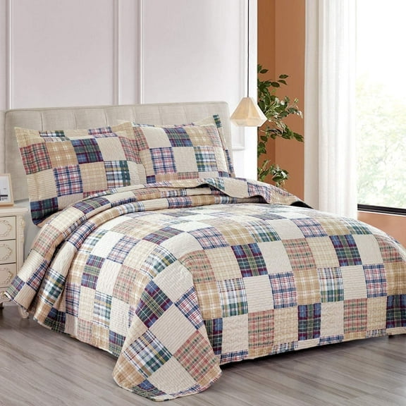 Jessy Home Beige Plaid Quilt King Size Patchwork Bedding Microfiber Bedspread Coverlet