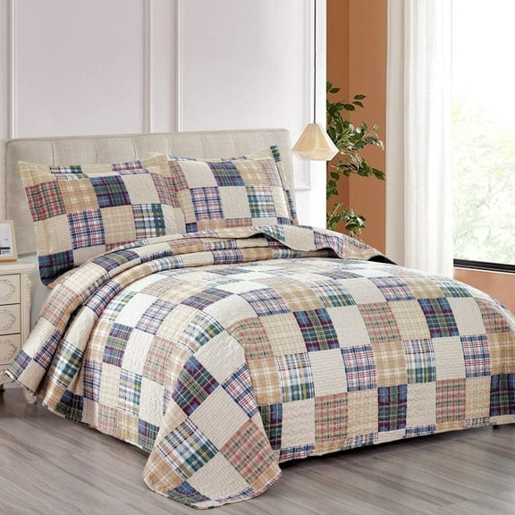 Jessy Home Beige Plaid Quilt Twin Patchwork Bedding Microfiber Bedspread Coverlet