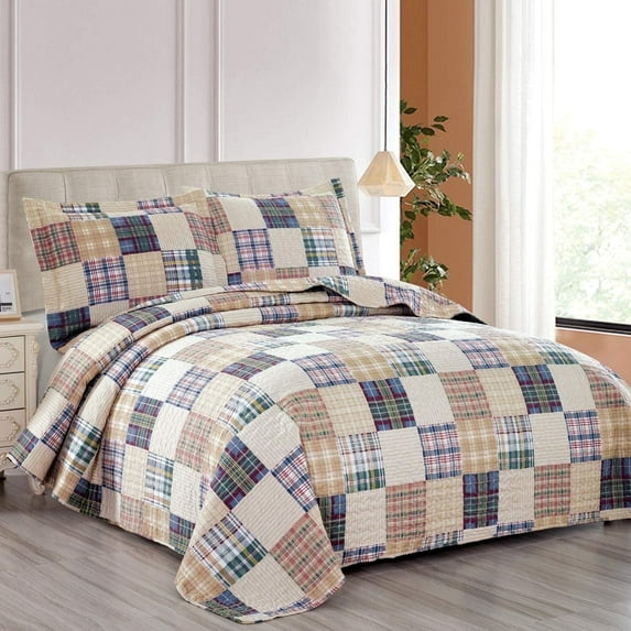 Jessy Home Beige Plaid Quilt Twin Patchwork Bedding Microfiber Bedspread Coverlet
