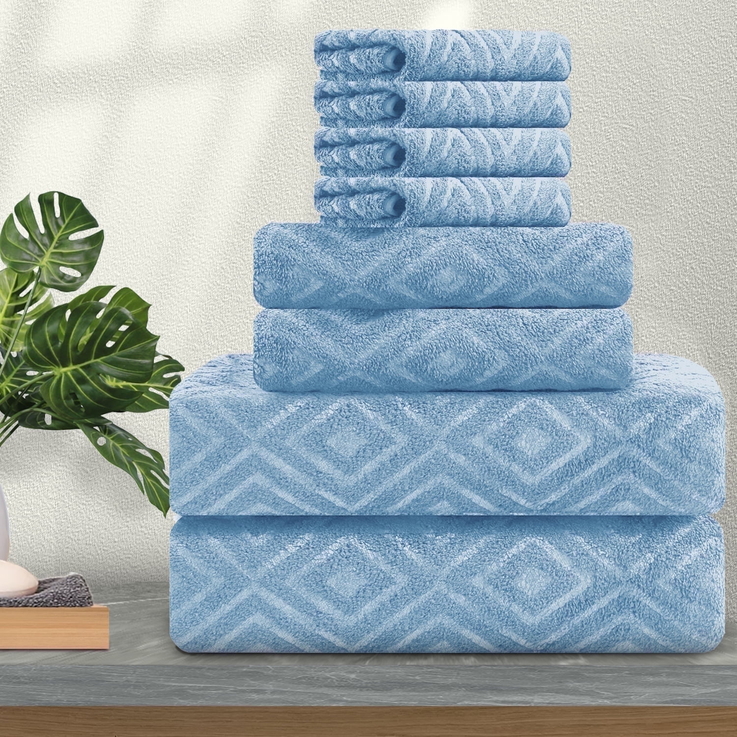 Jessy Home Blue Bath Towel set of 8, 2 Oversized Bath Towels, 2 Hand Towels, 4 Washcloths-600 GSM Soft Towel Set