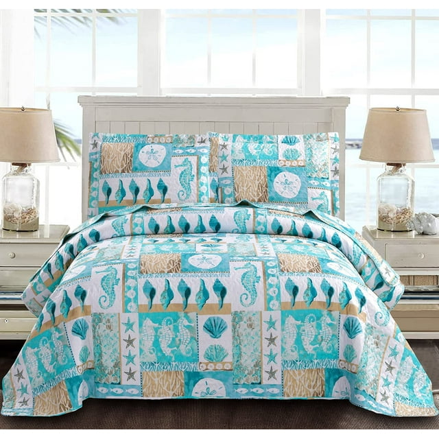 Jessy Home Blue Ocean Quilts Set Twin Size Beach Bedspreads 3 Piece