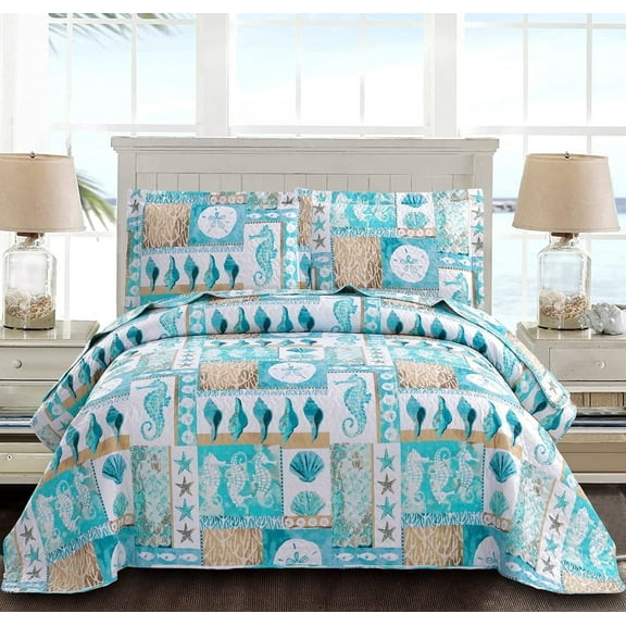 Jessy Home Blue Ocean Quilts Set Twin Size Beach Bedspreads 3 Piece Coastal Seashell Conch Seahorse Starfish Bedding