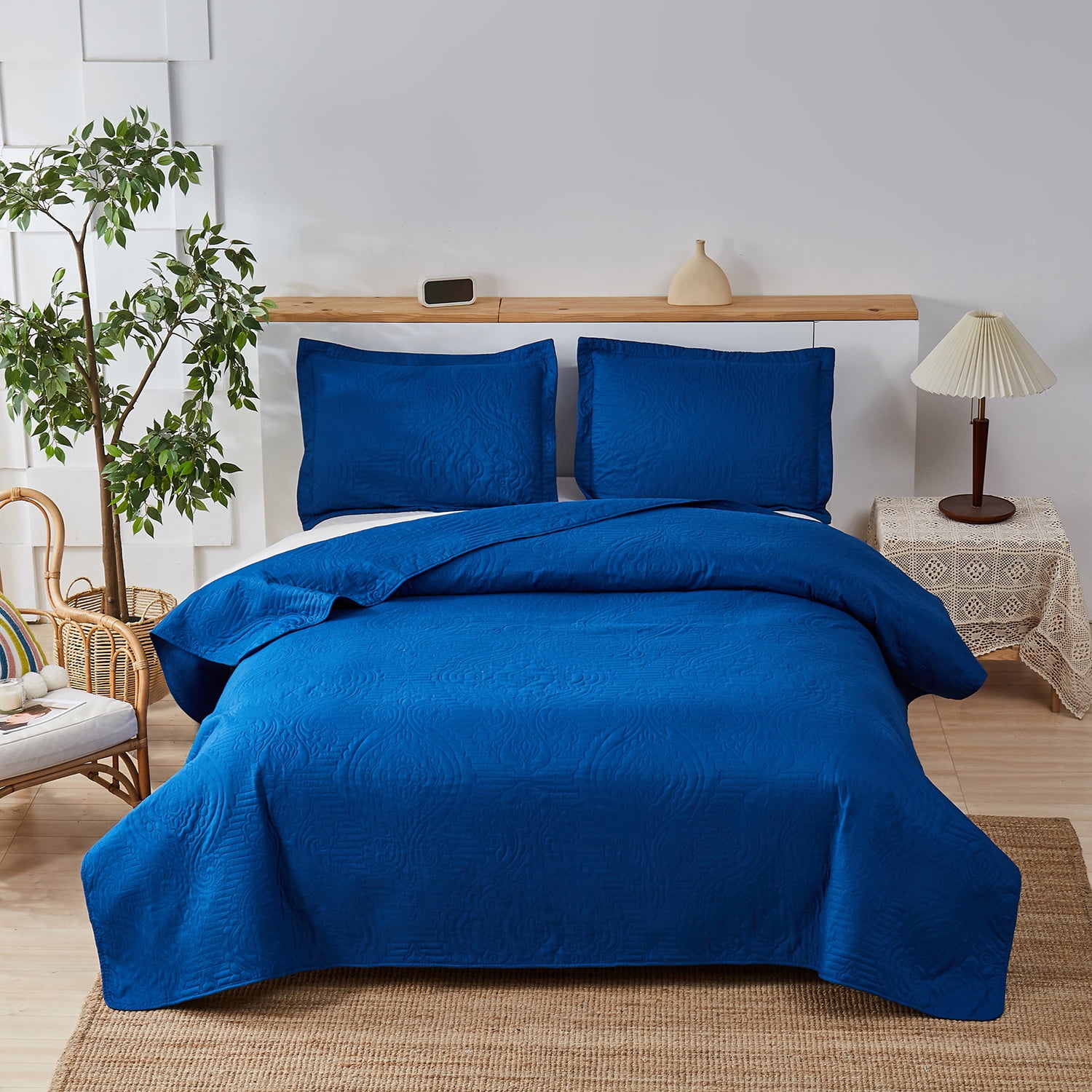 Jessy Home Reversible Blue Quilt Twin Size Floral Bedding Microfiber Bedspread Set